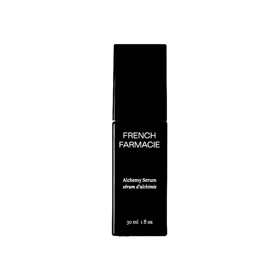 French Farmacie Alchemy Serum in a sleek black glass dropper bottle, 30 ml