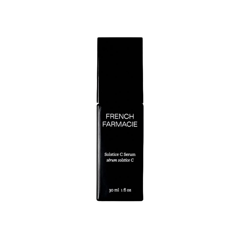 French Farmacie Solstice C Serum in a sleek black glass bottle, 30 ml