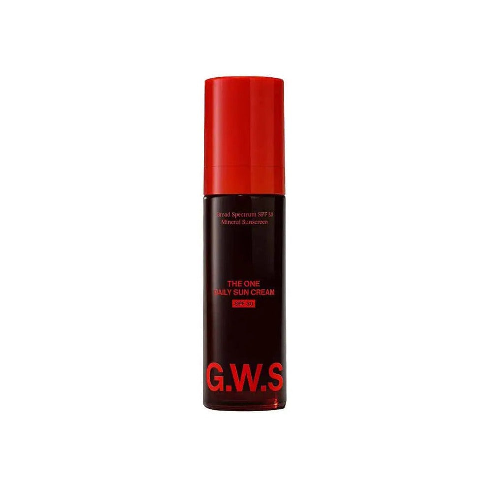 Good Weather Skin The One Daily Sun Cream SPF 30 mineral sunscreen in a dark bottle with red cap
