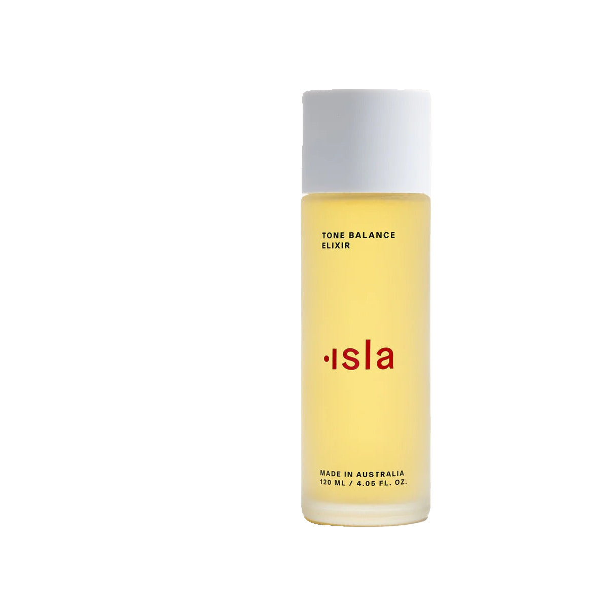 Isla Tone Balance Elixir toner in a 120 ml glass bottle with white cap and golden-yellow formula