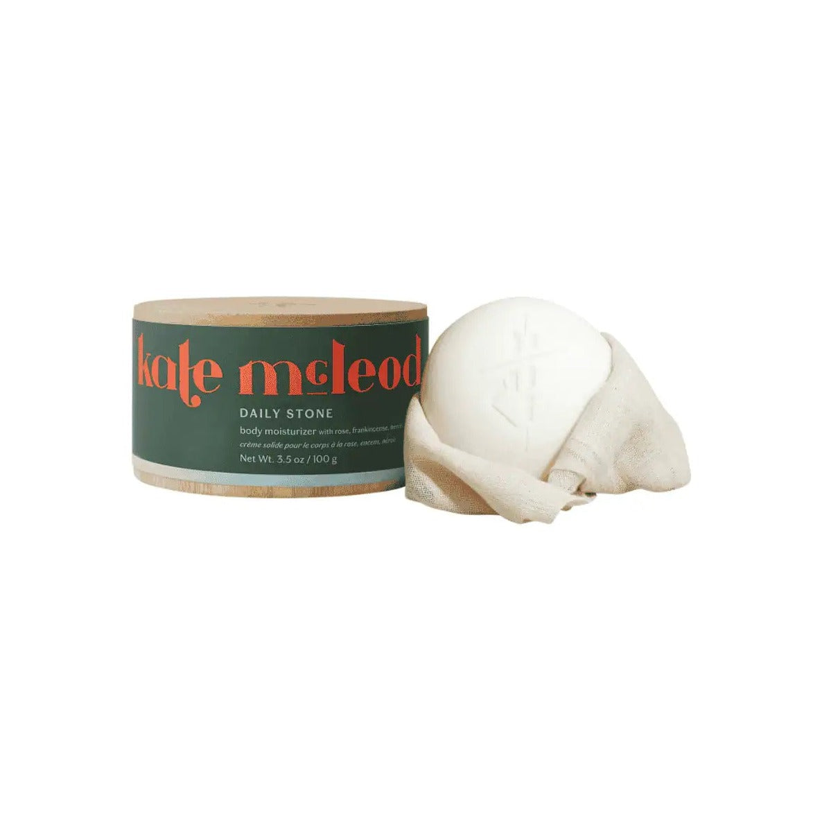 Kate McLeod The Body Stone solid body moisturiser with cylindrical cardboard packaging, 5.5 oz