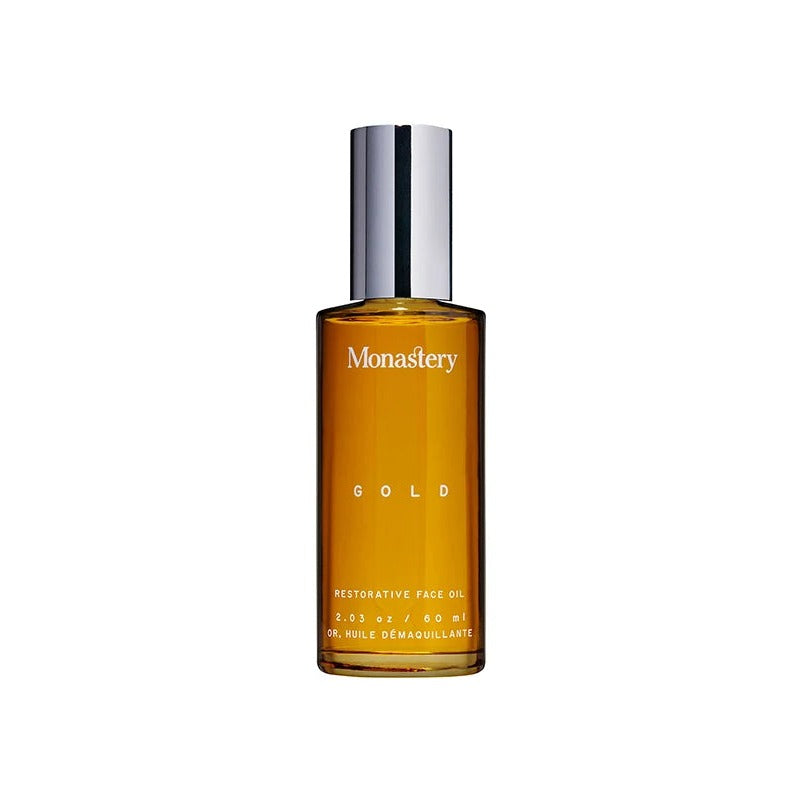 Monastery Gold botanical oil serum in a amber glass bottle with silver cap, 60 ml restorative face oil