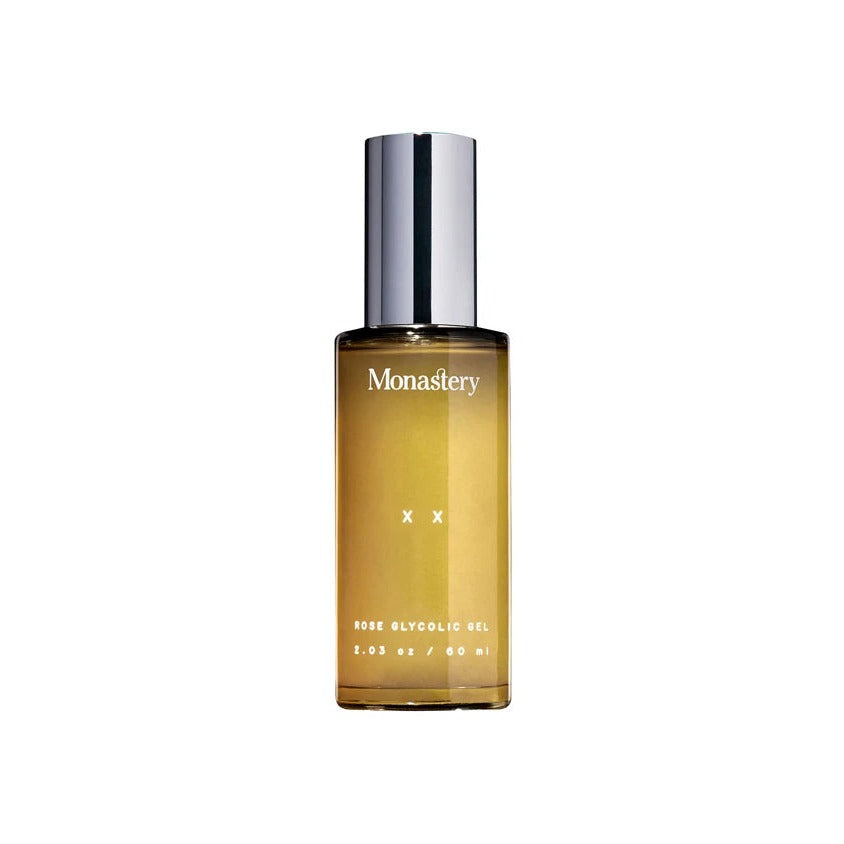 Monastery XX Rose Glycolic Gel in an amber glass bottle with silver pump cap, 2.03 oz