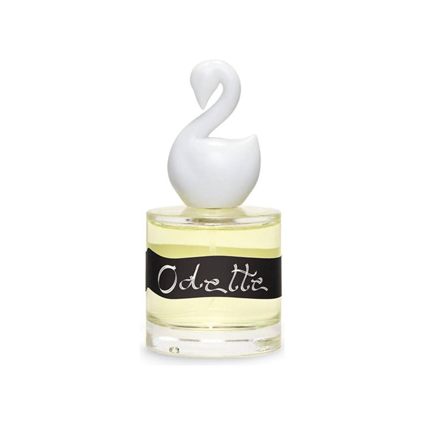 Odette parfum glass bottle with white ceramic swan stopper and hand-lettered black label