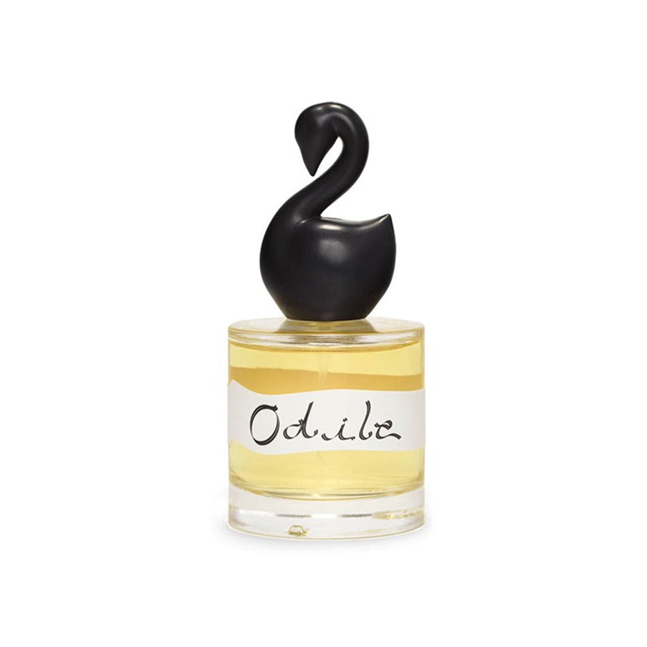 Odile Parfum fragrance bottle with matte black swan stopper and golden amber juice