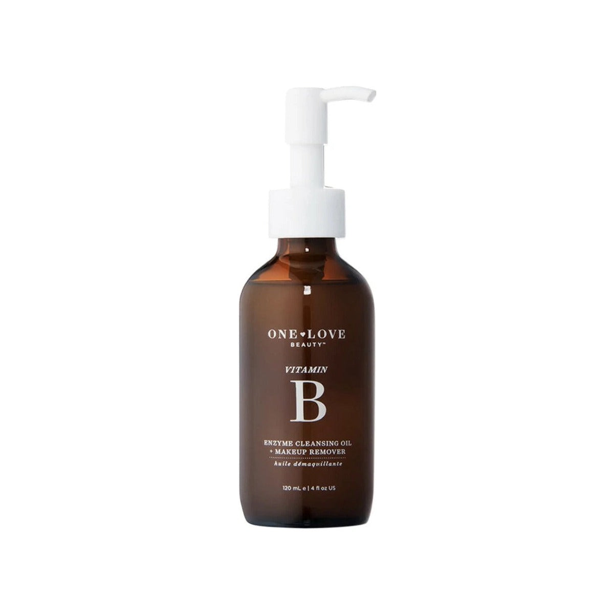 One Love Organics Botanical B Enzyme Cleansing Oil and makeup remover in amber pump bottle, 120 ml