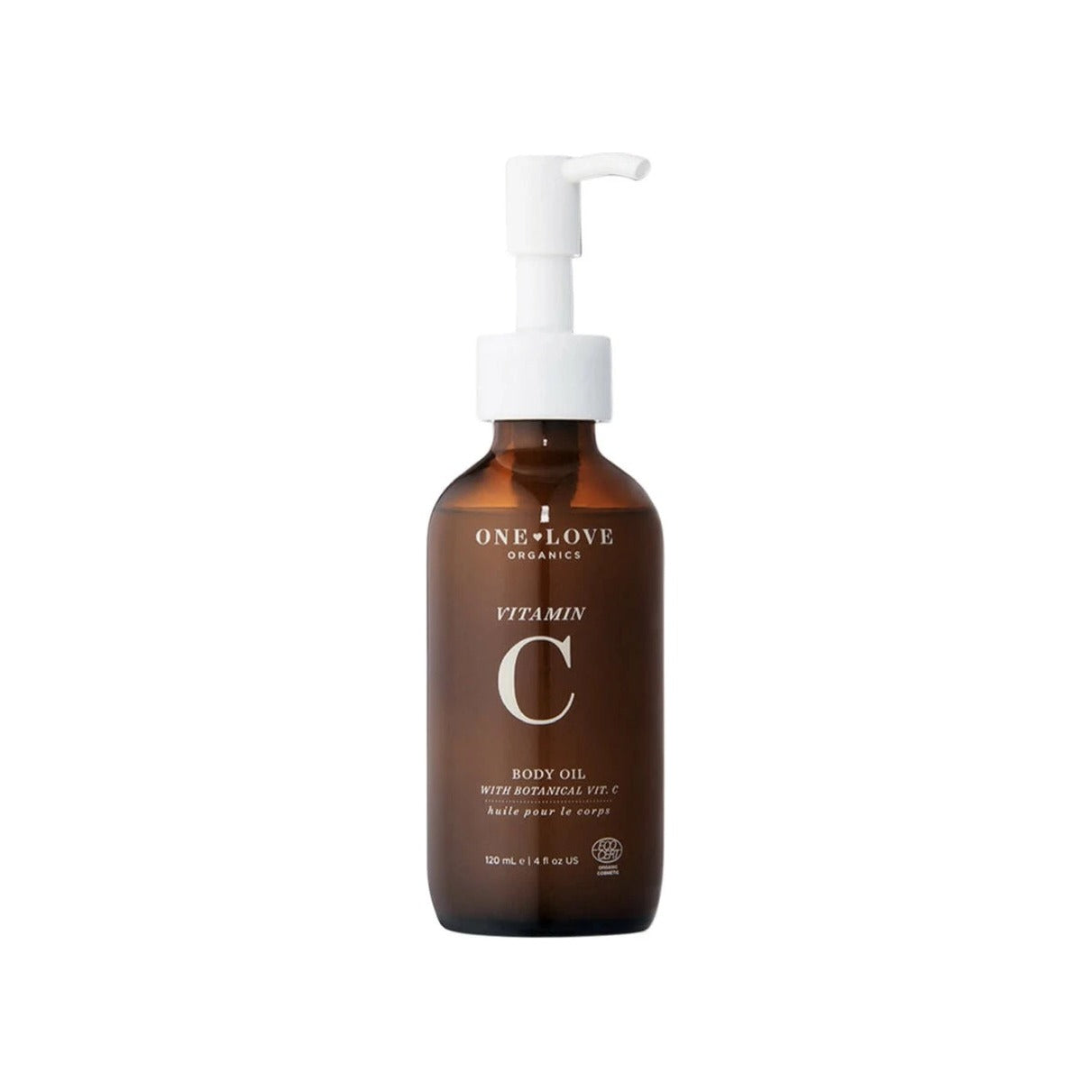 One Love Organics Botanical C Body Oil in an amber glass pump bottle, 120 ml
