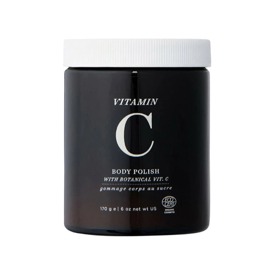 One Love Organics Botanical C Body Polish in a dark amber jar with white lid, 170 g