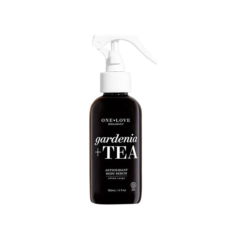 One Love Organics Gardenia + Tea Antioxidant Body Serum in a dark 120ml spray bottle with white trigger pump