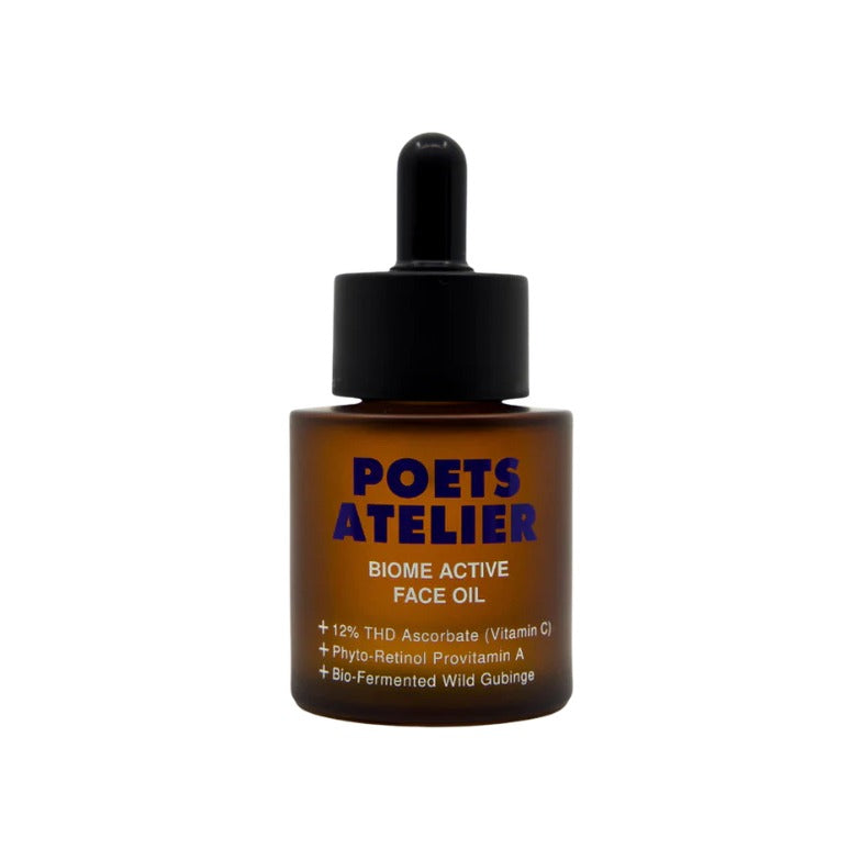 Poets Atelier Biome Active Face Oil in an amber glass dropper bottle with vitamin C and phyto-retinol