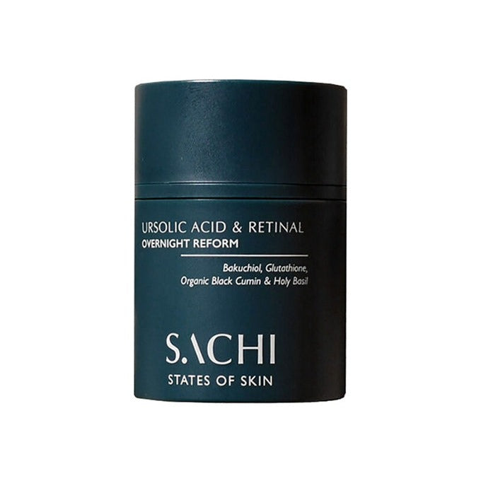 Sachi Skin Ursolic Acid & Retinal Overnight Reform night cream in a dark teal cylindrical jar