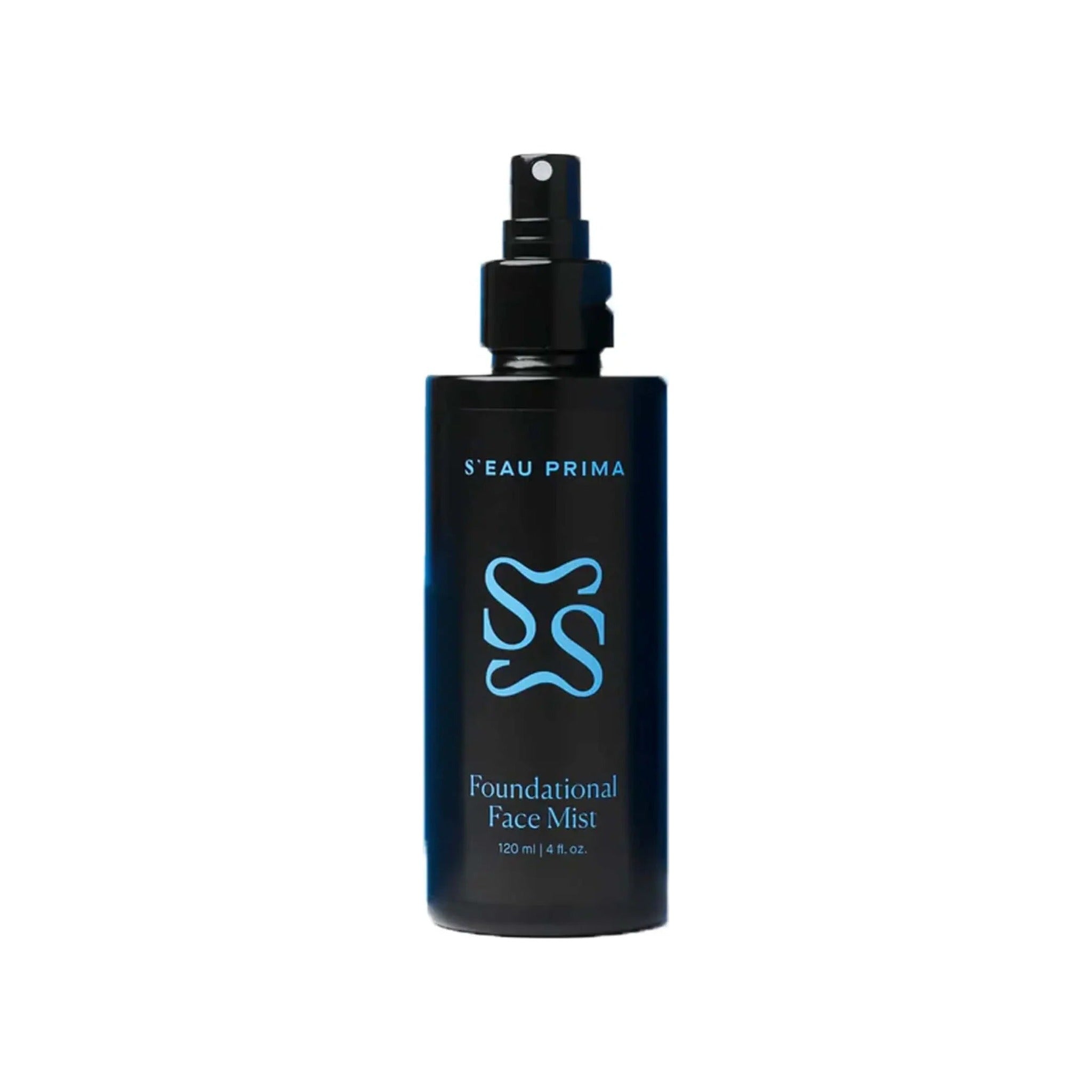 S'eau Prima Foundational Face Mist in a 120 ml dark blue spray bottle with teal logo and lettering