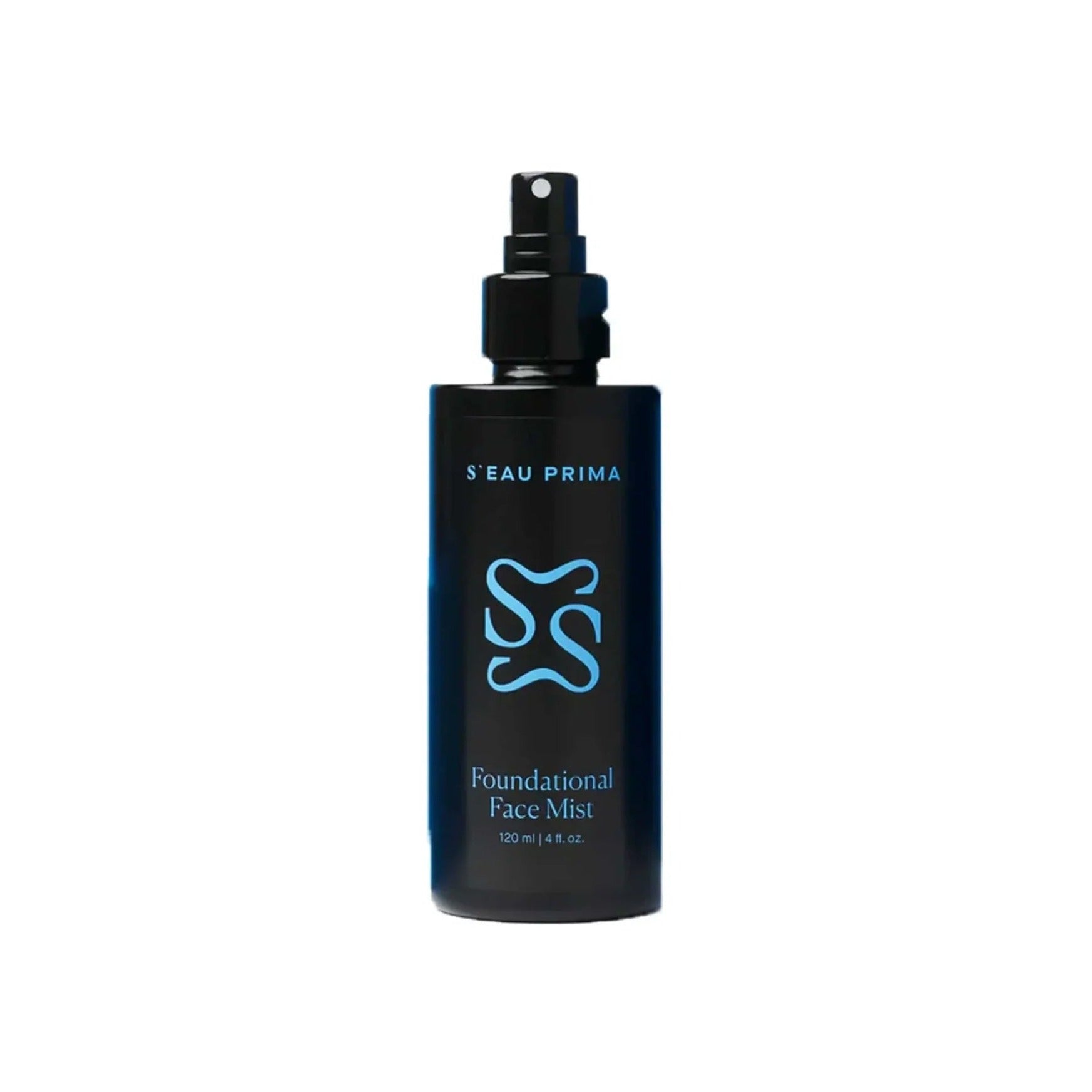 S'eau Prima Foundational Face Mist mini in a dark blue 120 ml spray bottle with teal logo and lettering