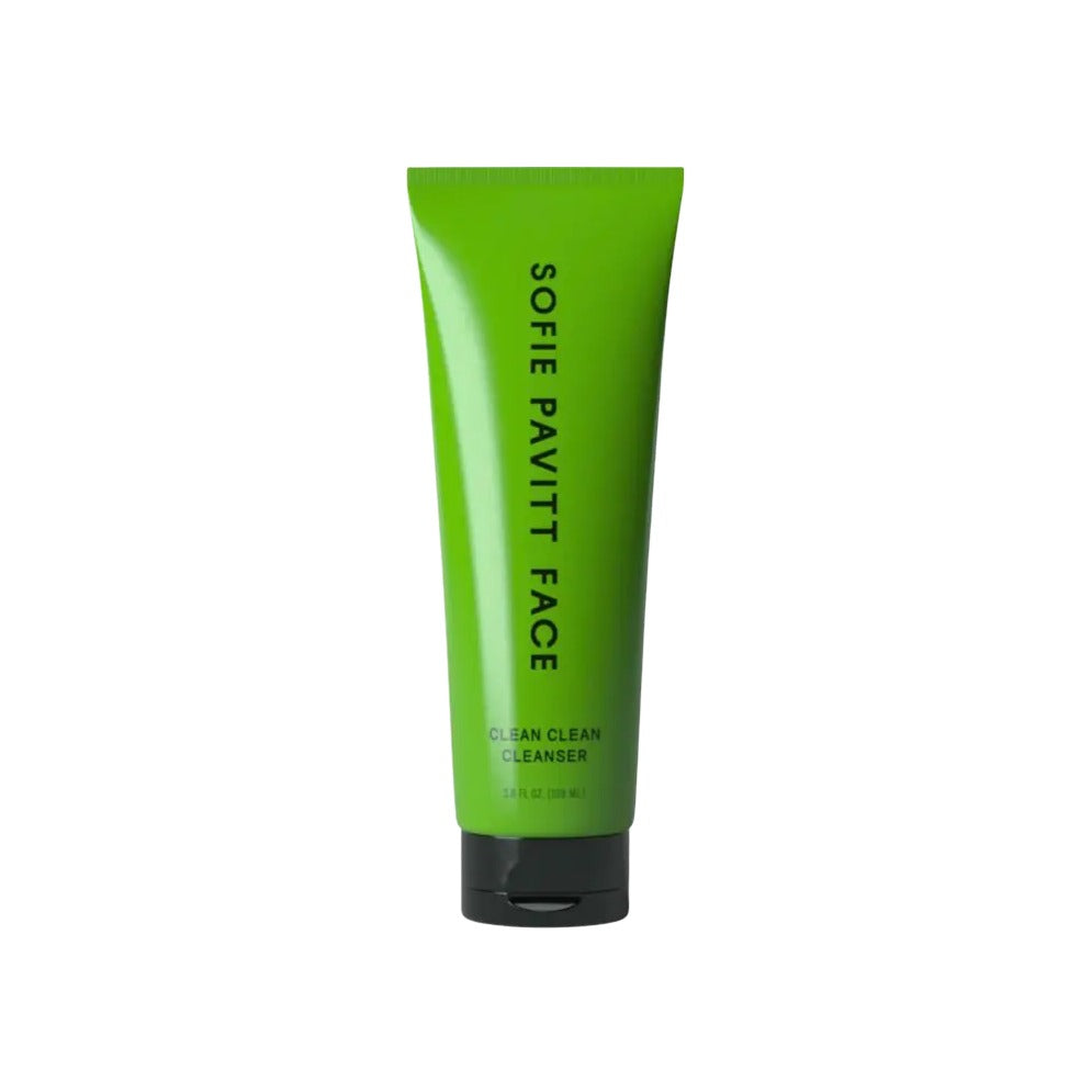 Sofie Pavitt Face Clean Clean Cleanser in a bright green squeeze tube with black cap, 3.8 fl oz