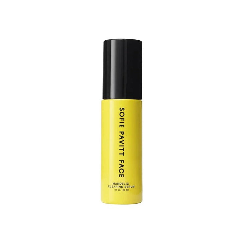 Sofie Pavitt Face Mandelic Clearing Serum in a yellow bottle with black pump cap, 30 ml