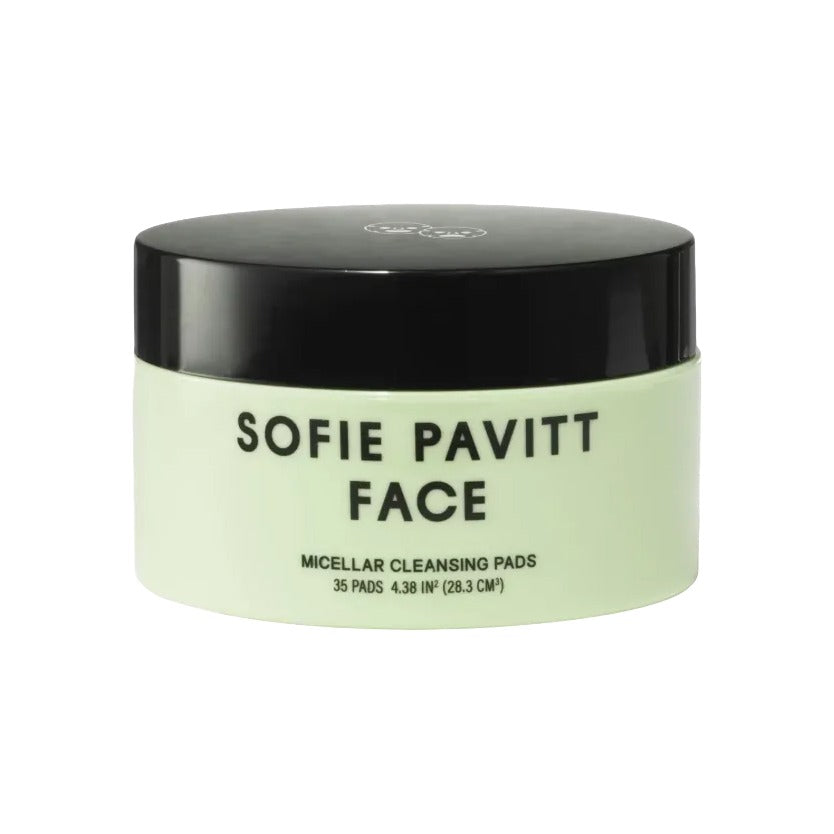 Sofie Pavitt Face Micellar Cleansing Pads in a mint green jar with black lid, 35 pads