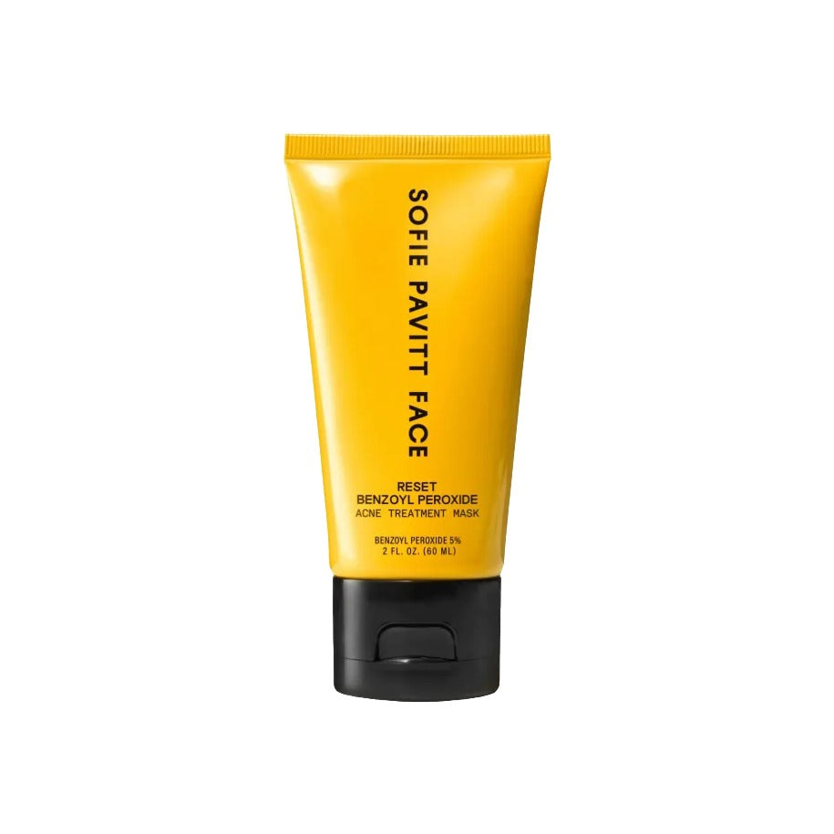 Sofie Pavitt Face Reset Benzoyl Peroxide Acne Treatment Mask in a yellow tube, 2 fl oz
