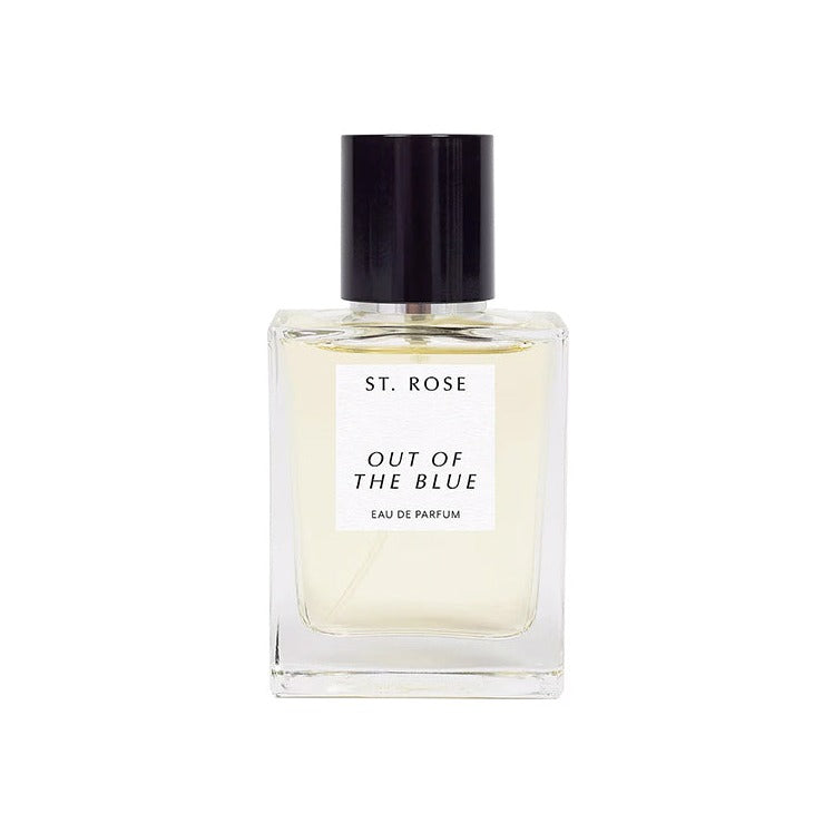 St. Rose Out of the Blue eau de parfum in a clear glass bottle with black cap