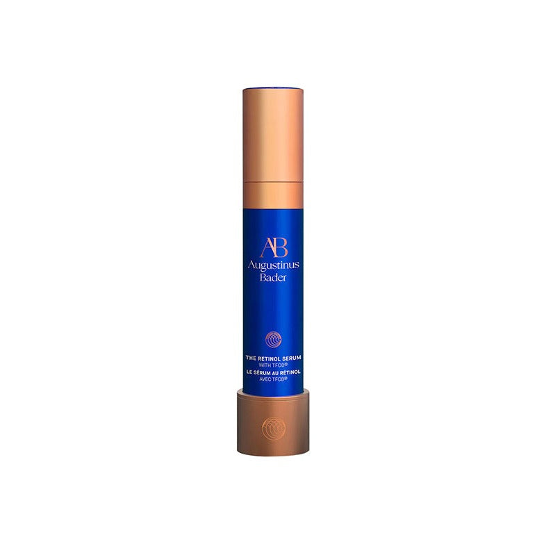 Augustinus Bader The Retinol Serum in a slim blue and rose-gold pump bottle