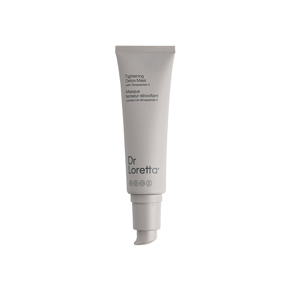 Dr. Loretta Tightening Detox Mask in a grey squeeze tube with pump nozzle