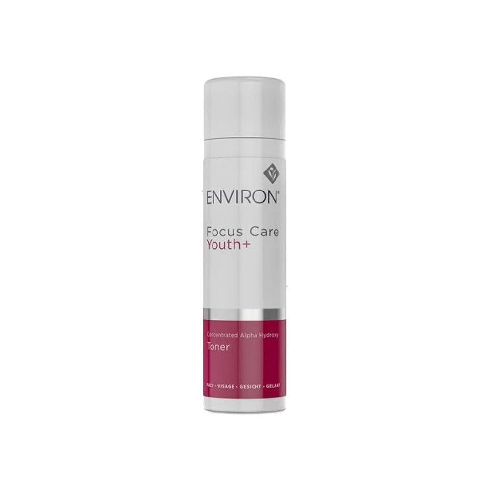 Environ Focus Care Youth+ Concentrated Alpha Hydroxy Toner in a grey and berry-red bottle