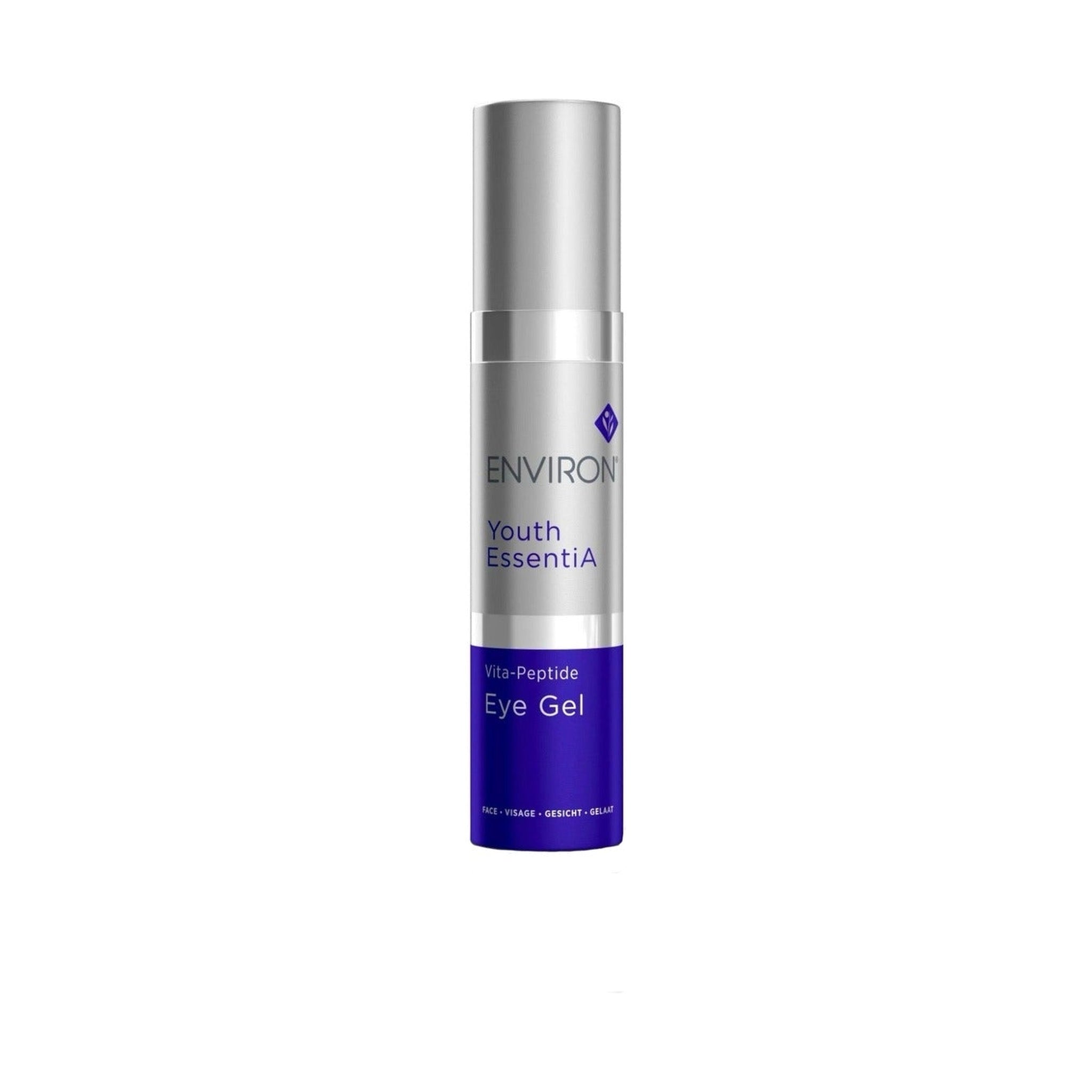 Environ Youth EssentiA Vita-Peptide Eye Gel in a slim silver and purple pump bottle